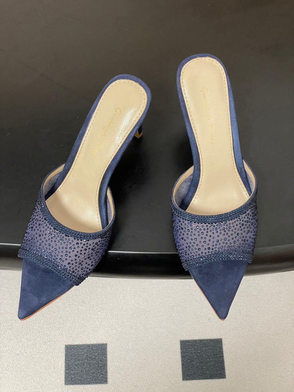 GIANVITO ROSSI 26S HIGH HEELS 85 MM IN NAVY BLUE SUEDE WITH RHINESTONE STRAP