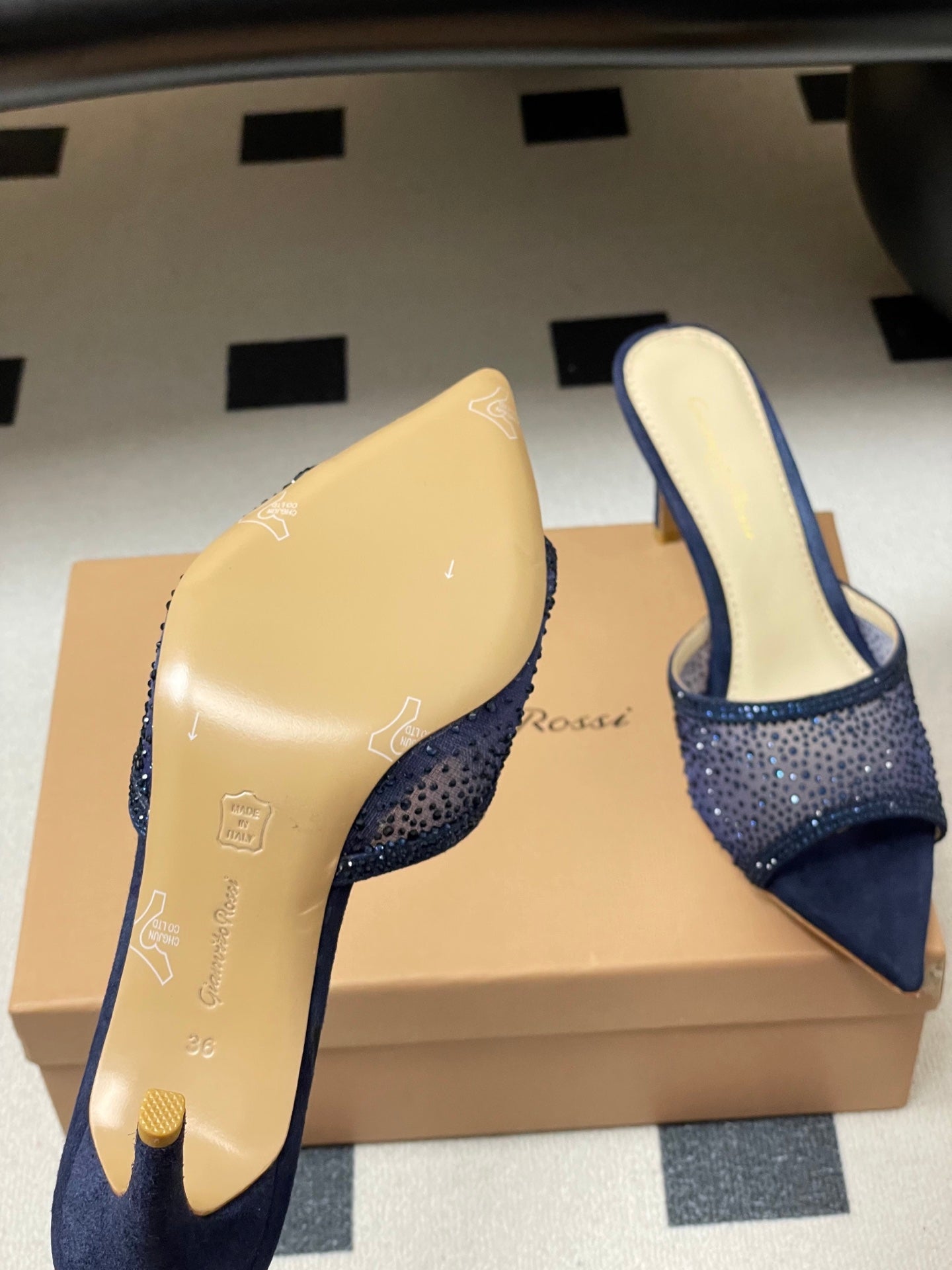 GIANVITO ROSSI 26S HIGH HEELS 85 MM IN NAVY BLUE SUEDE WITH RHINESTONE STRAP