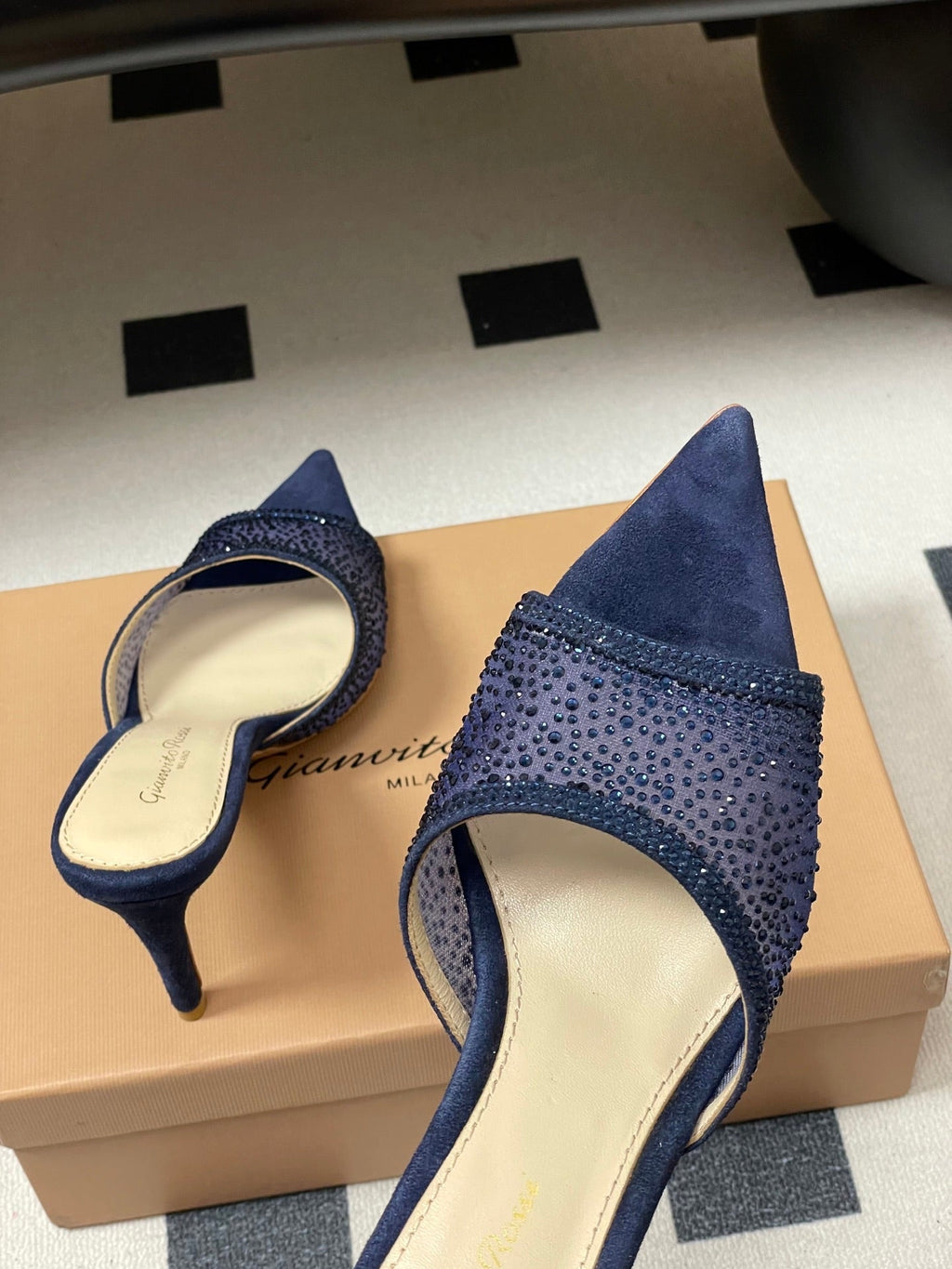 GIANVITO ROSSI 26S HIGH HEELS 85 MM IN NAVY BLUE SUEDE WITH RHINESTONE STRAP