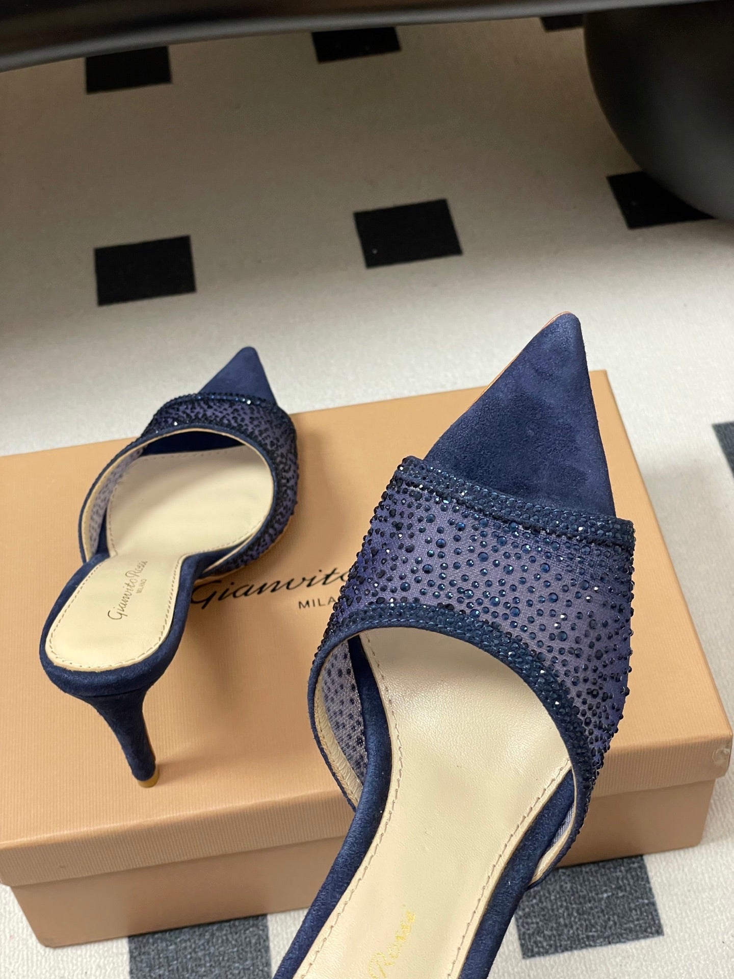 GIANVITO ROSSI 26S HIGH HEELS 85 MM IN NAVY BLUE SUEDE WITH RHINESTONE STRAP