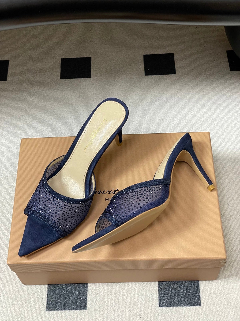 GIANVITO ROSSI 26S HIGH HEELS 85 MM IN NAVY BLUE SUEDE WITH RHINESTONE STRAP
