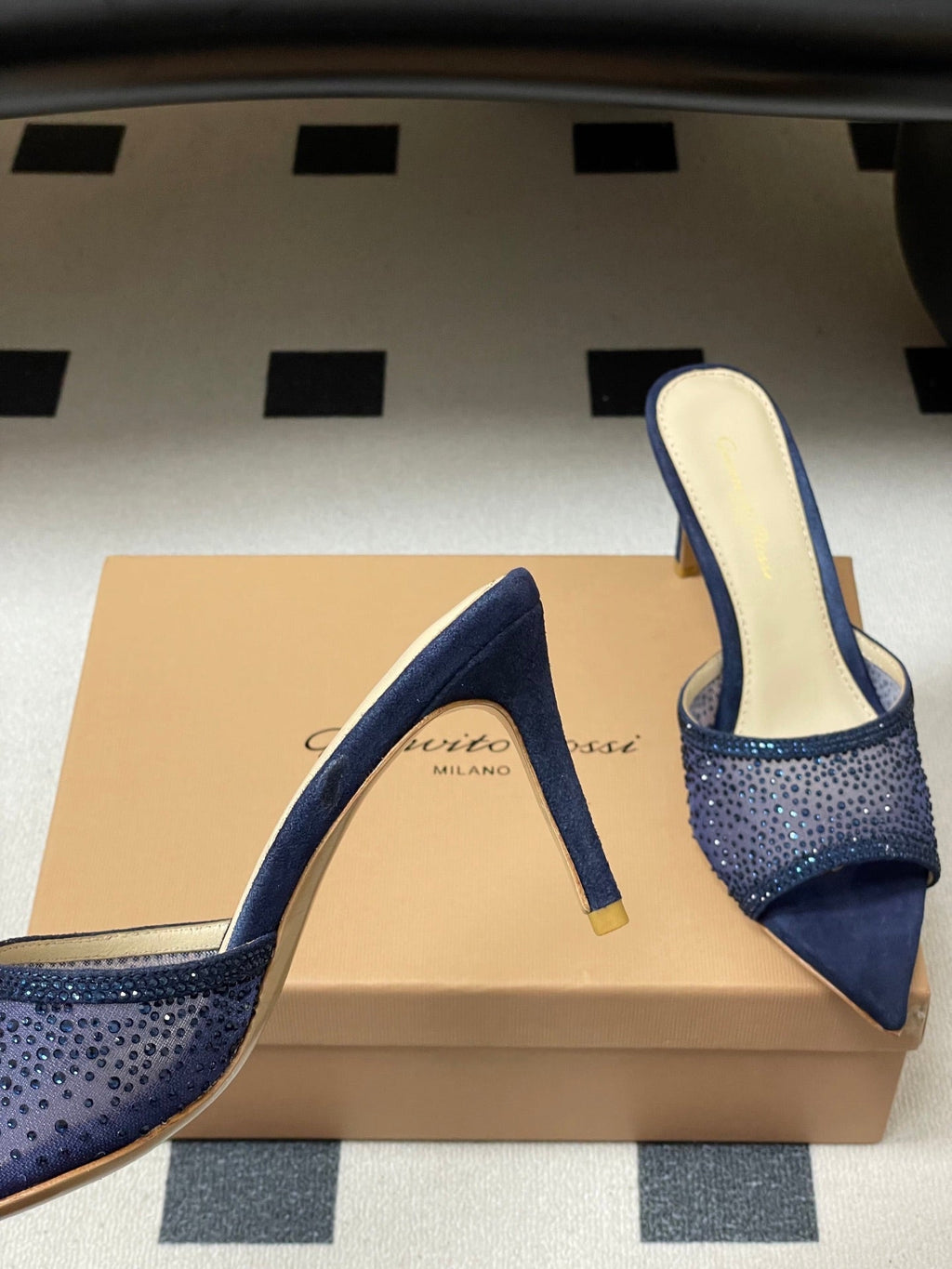 GIANVITO ROSSI 26S HIGH HEELS 85 MM IN NAVY BLUE SUEDE WITH RHINESTONE STRAP