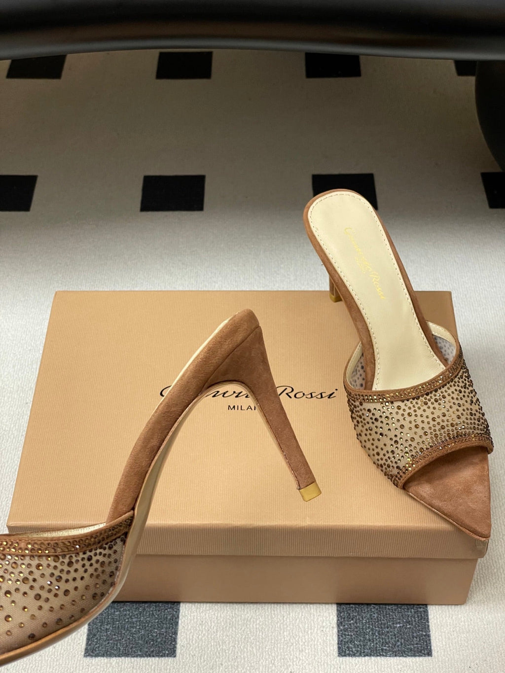 GIANVITO ROSSI 26S HIGH HEELS 85 MM IN BROWN SUEDE WITH RHINESTONE STRAP
