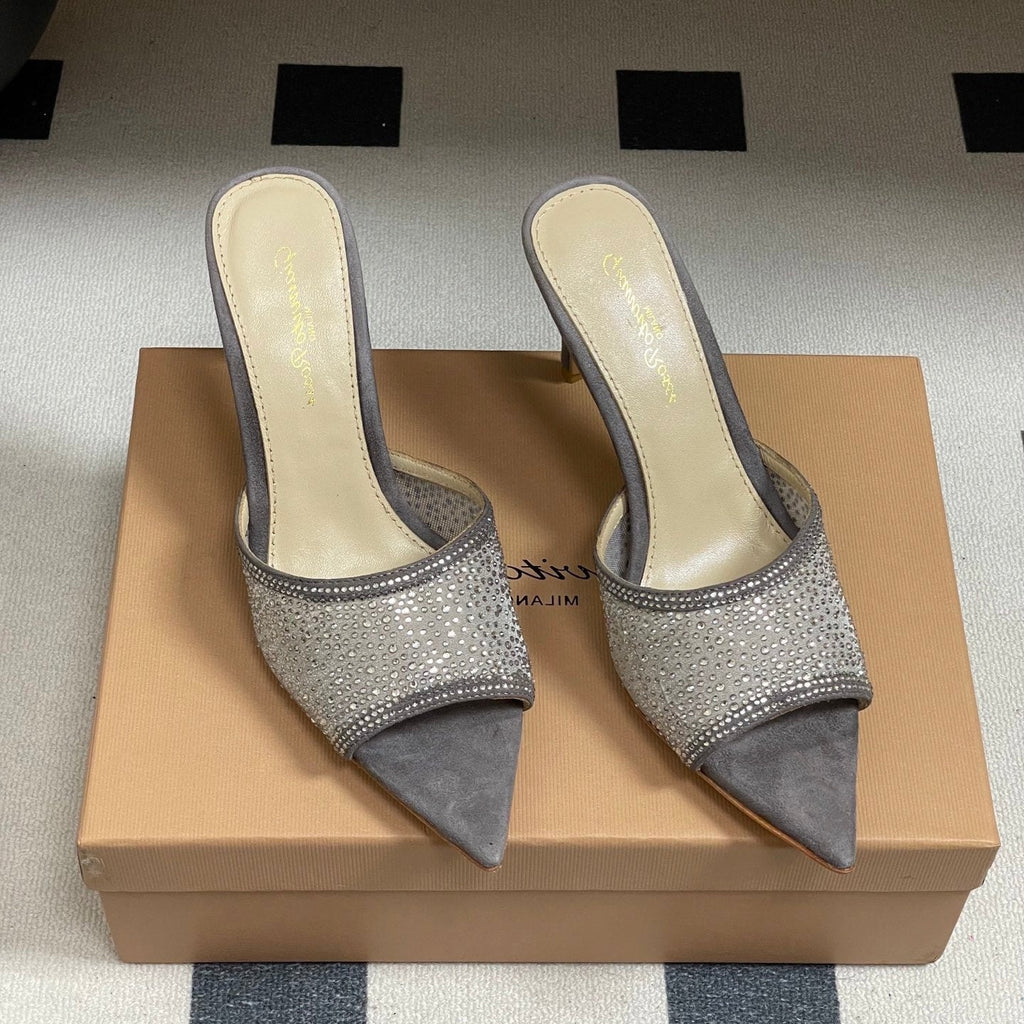 GIANVITO ROSSI 26S HIGH HEELS 85 MM IN GREY SUEDE WITH RHINESTONE STRAP