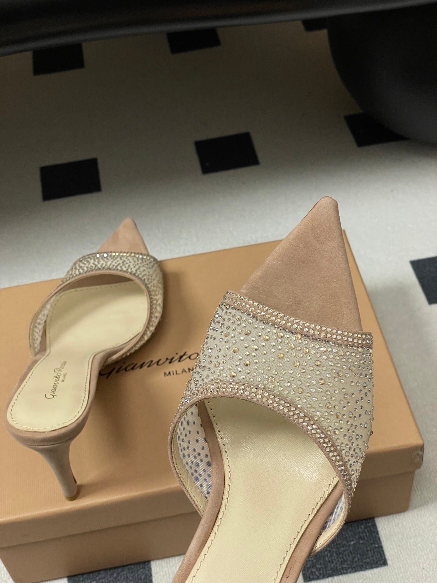 GIANVITO ROSSI 26S HIGH HEELS 85 MM IN NUDE BEIGE SUEDE WITH RHINESTONE STRAP
