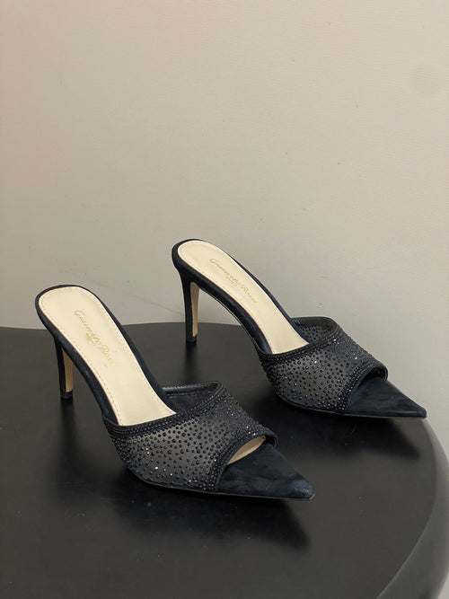 26S HIGH HEELS 85 MM IN BLACK SUEDE WITH RHINESTONE STRAP