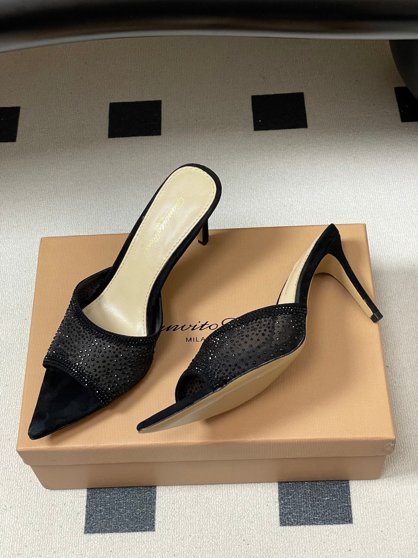 26S HIGH HEELS 85 MM IN BLACK SUEDE WITH RHINESTONE STRAP