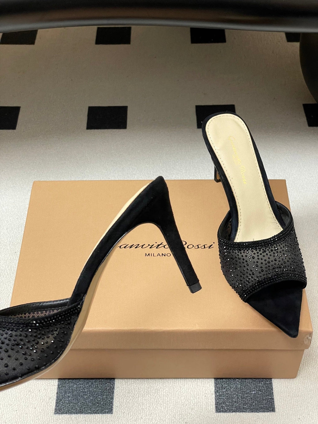 26S HIGH HEELS 85 MM IN BLACK SUEDE WITH RHINESTONE STRAP