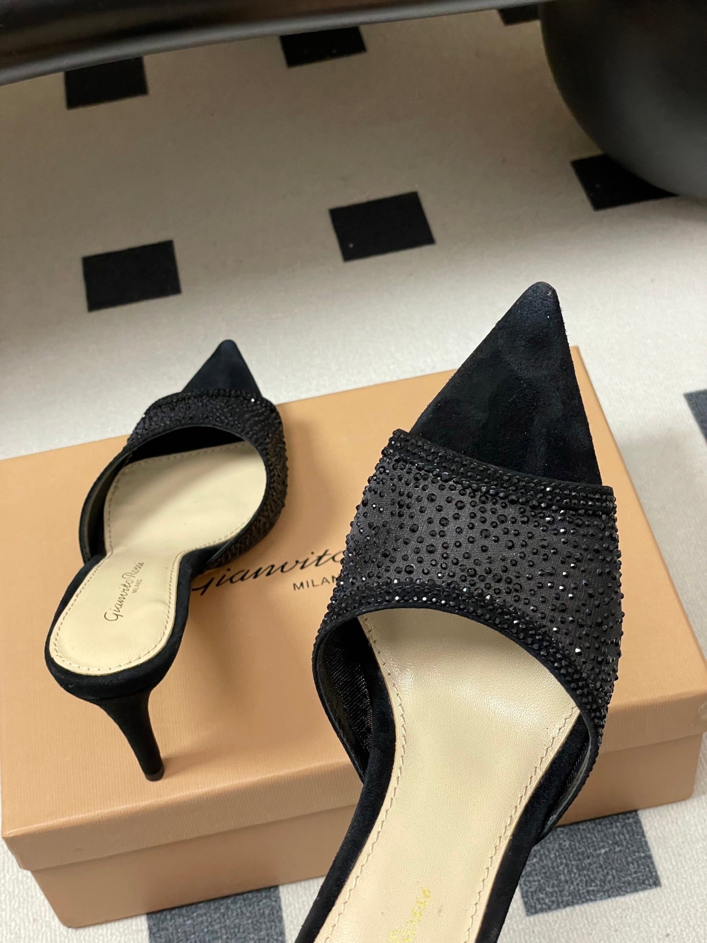 26S HIGH HEELS 85 MM IN BLACK SUEDE WITH RHINESTONE STRAP