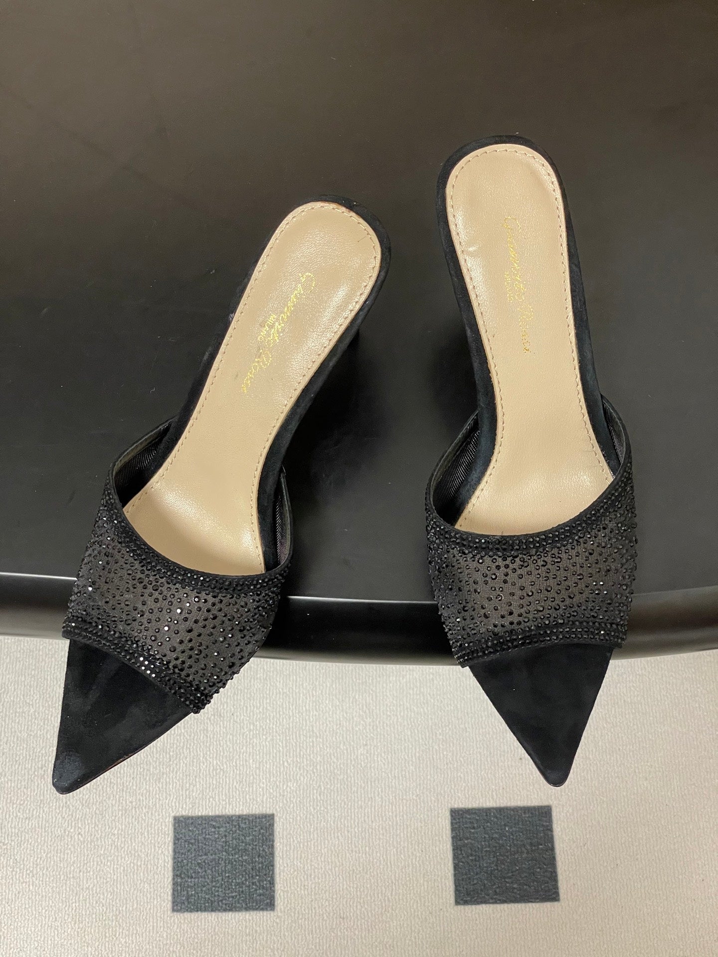26S HIGH HEELS 85 MM IN BLACK SUEDE WITH RHINESTONE STRAP