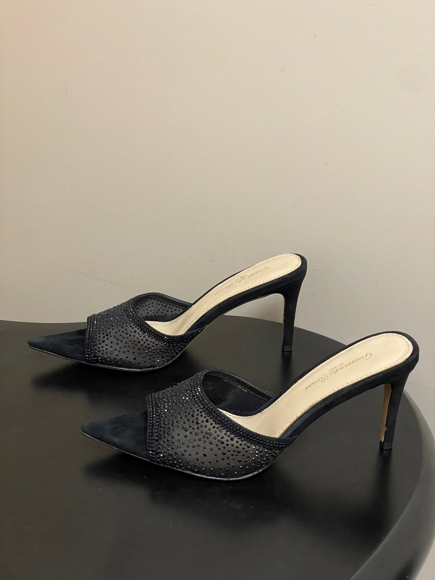 26S HIGH HEELS 85 MM IN BLACK SUEDE WITH RHINESTONE STRAP