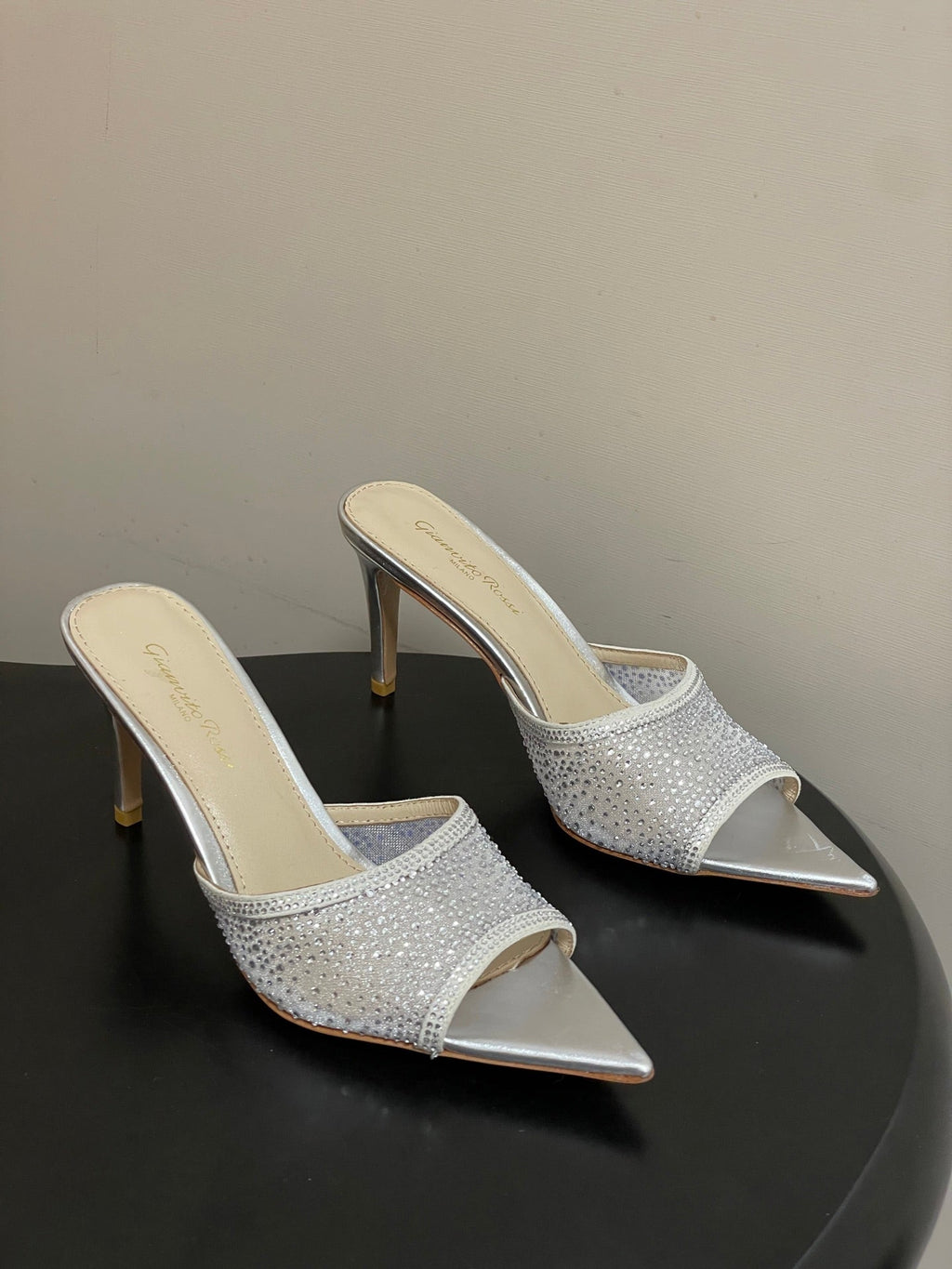 GIANVITO ROSSI 26S HIGH HEELS 85 MM IN SILVER LAMBSKIN WITH RHINESTONE STRAP