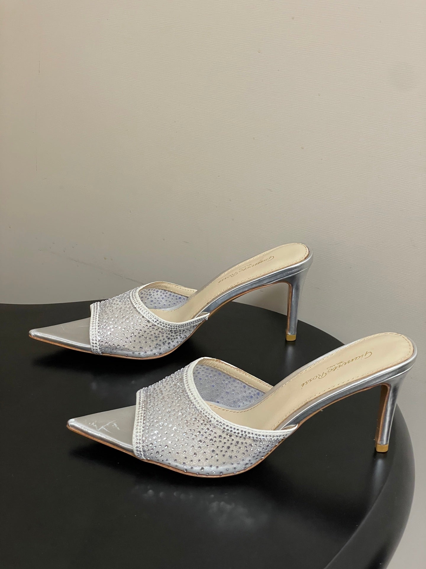 GIANVITO ROSSI 26S HIGH HEELS 85 MM IN SILVER LAMBSKIN WITH RHINESTONE STRAP