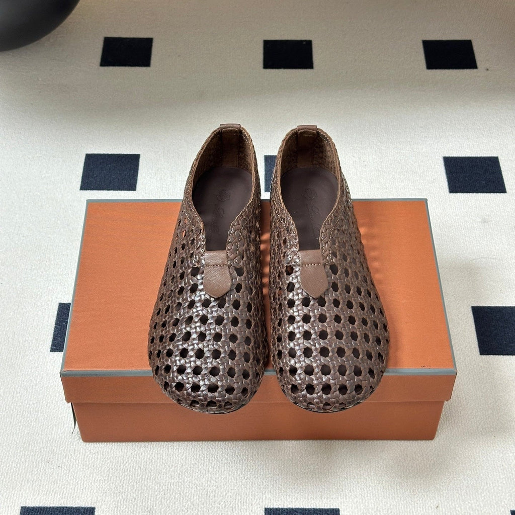 LP 26S BALLET FLATS IN DARK BROWN CALFSKIN WITH BASKETWEAVE DESIGN