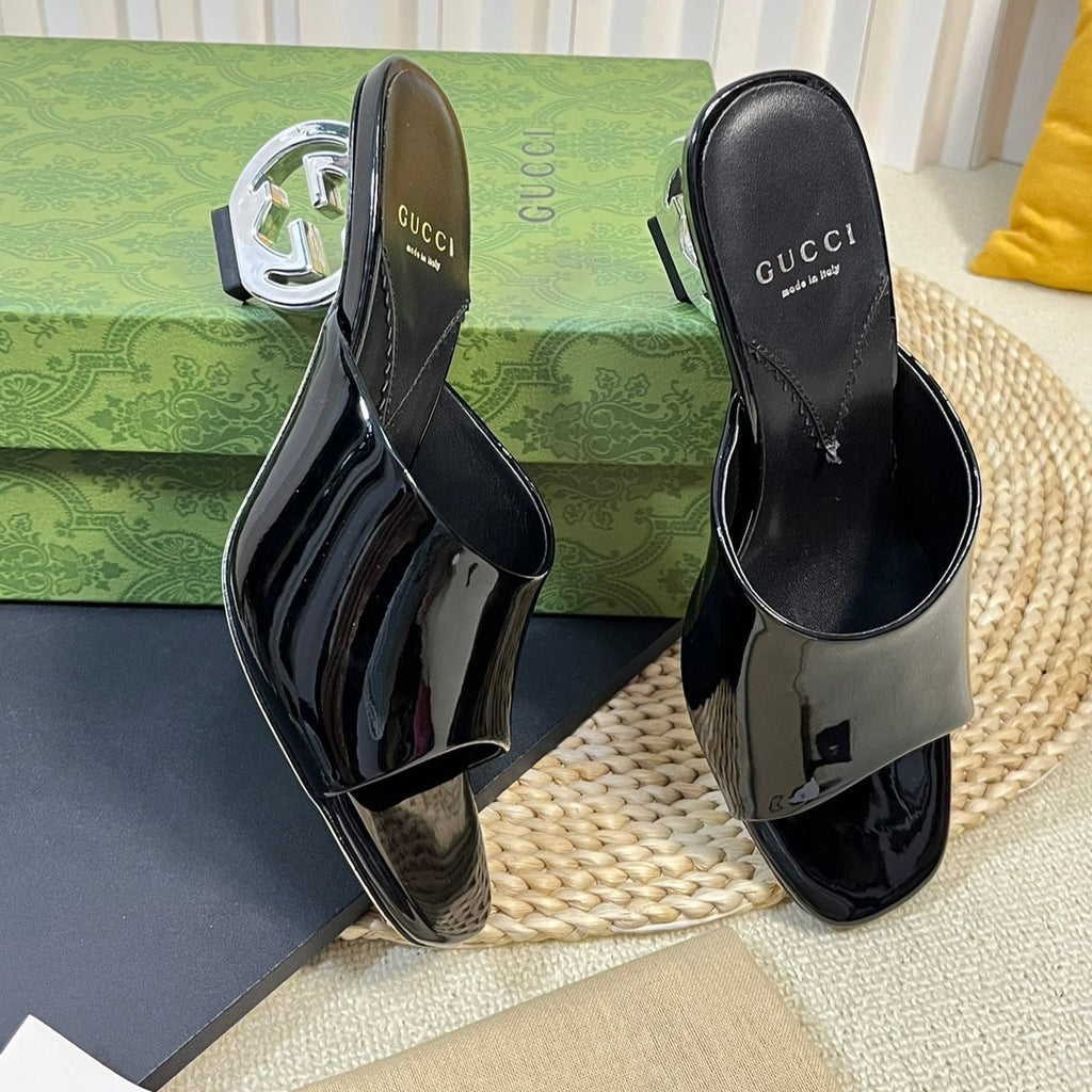 GG  Women's Heeled Sandals Glossy Black
