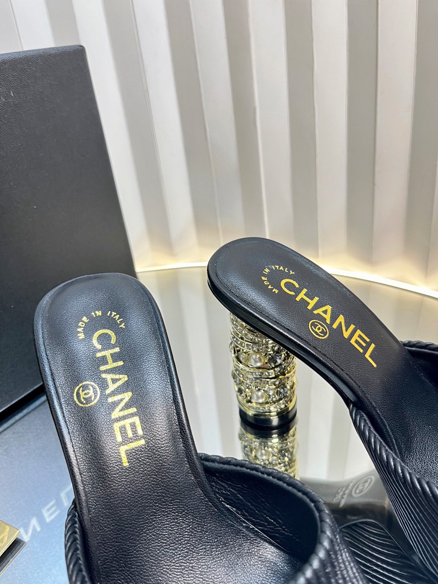 CHANEL 26S EMBELLISHED HEELED SANDALS 80 MM IN BLACK LAMBSKIN