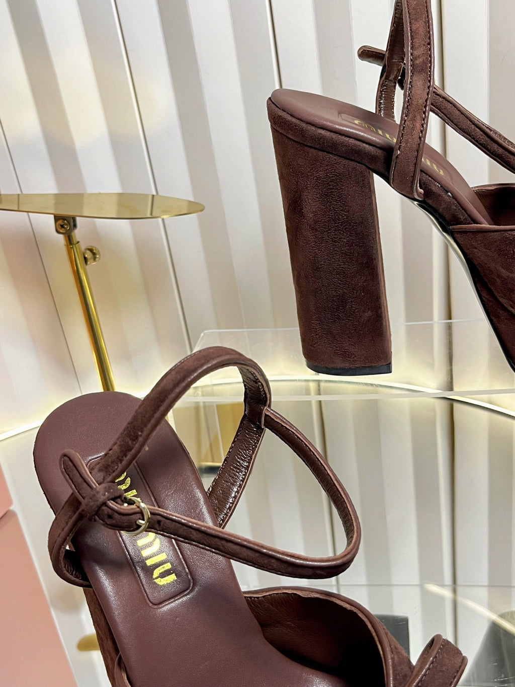 MIUMIU 26S PLATFORM ANKLE STRAP SANDALS 120MM IN DARK BROWN SUEDE WITH BOW