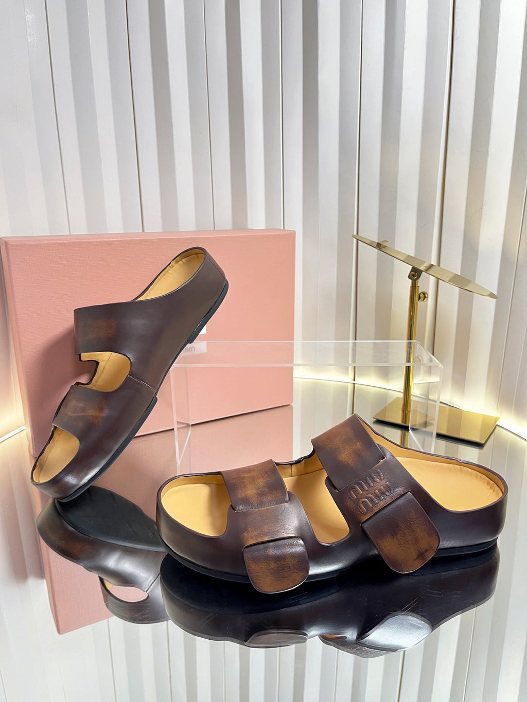 MIUMIU 26S DOUBLE-STRAP SLIDES IN CARAMEL BROWN CALFSKIN