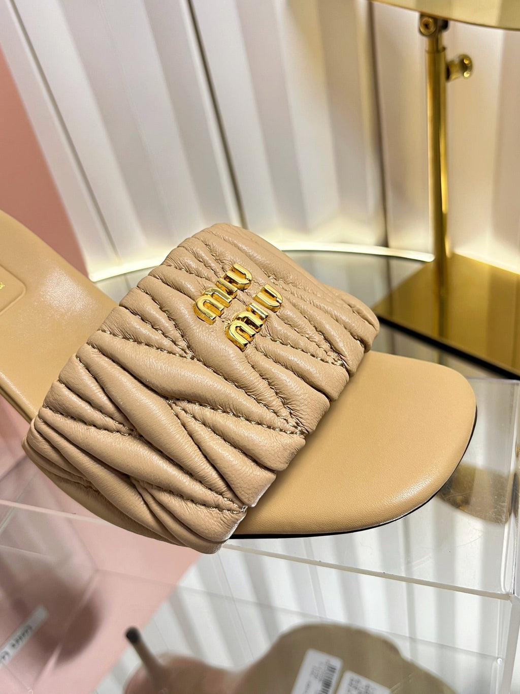 MIUMIU 26S HIGH-HEEL MULE SANDALS 85MM IN BEIGE CALFSKIN GOLD HARDWARE