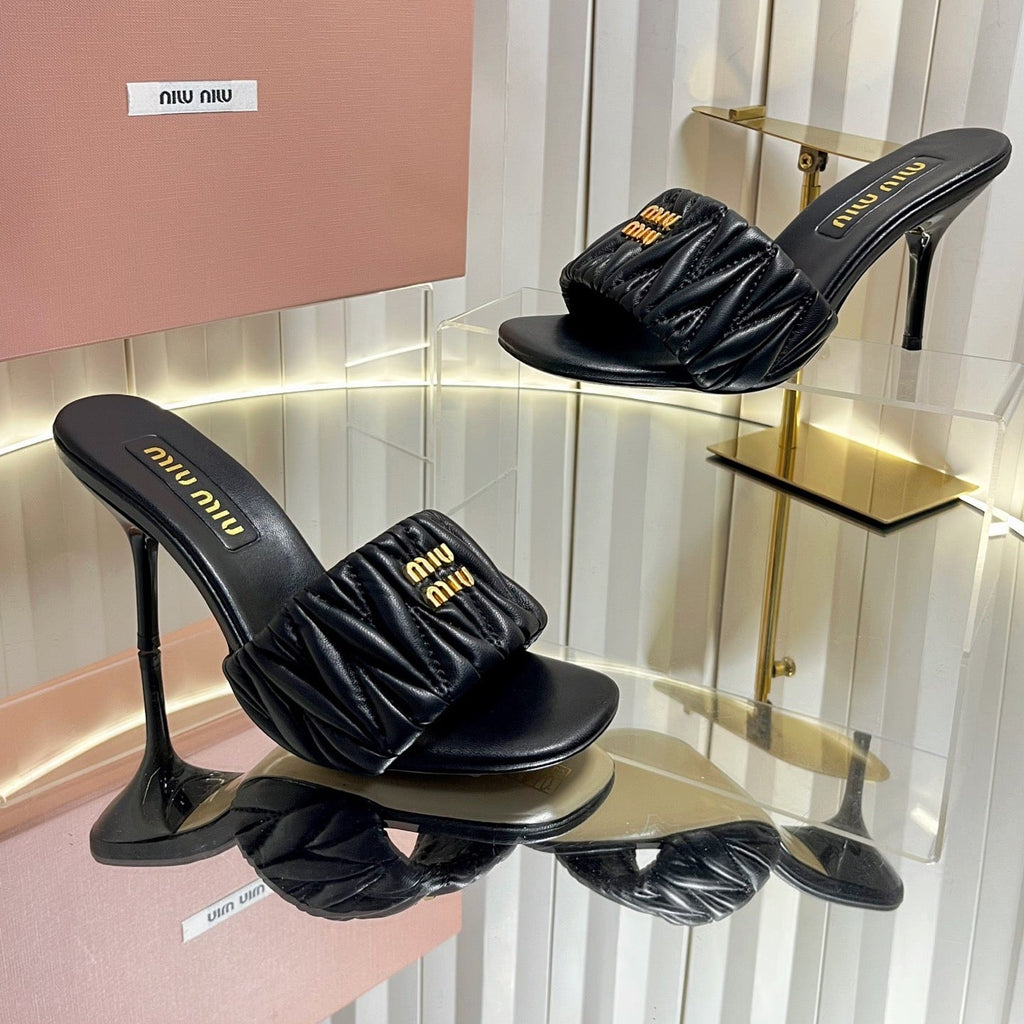 MIUMIU 26S HIGH-HEEL MULE SANDALS 85MM IN BLACK CALFSKIN GOLD HARDWARE