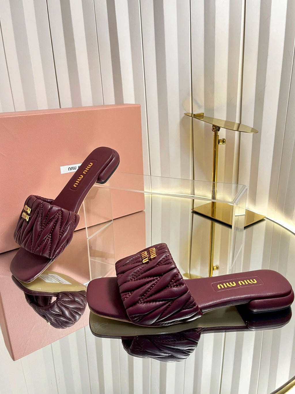 MIUMIU 26S MATELASSE SLIDES IN BURGUNDY RED CALFSKIN GOLD HARDWARE