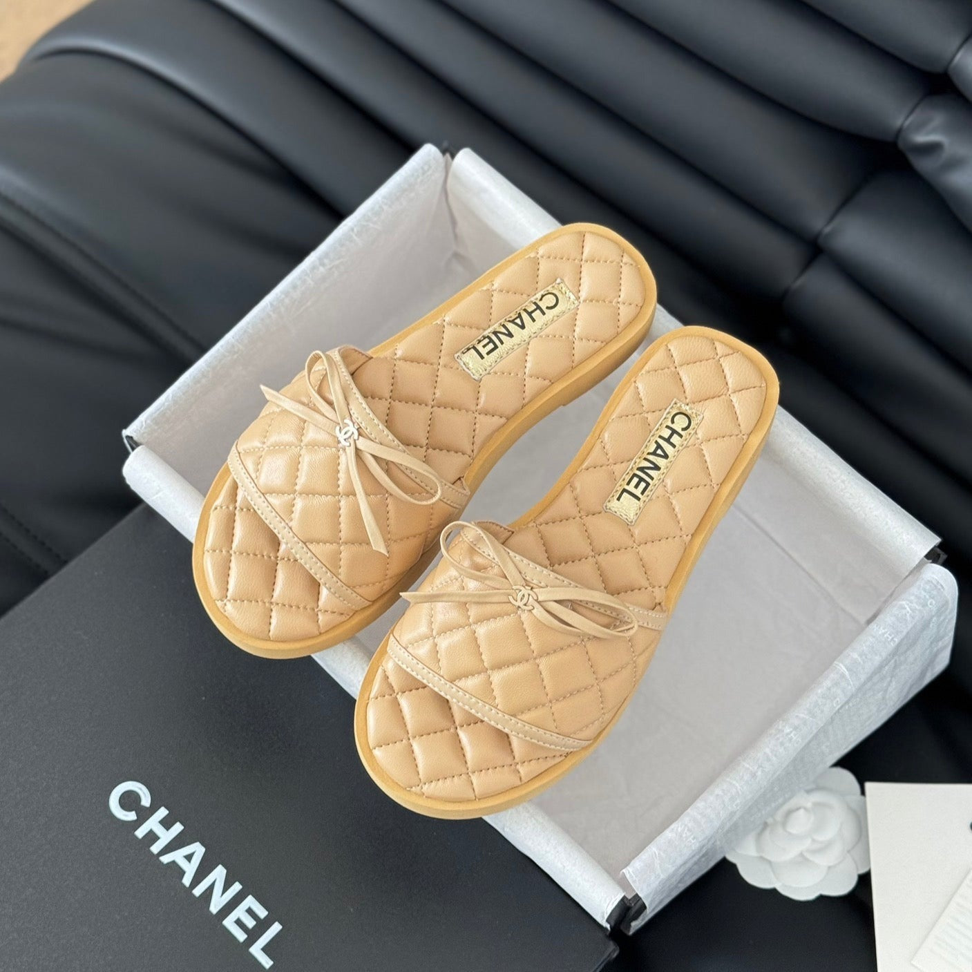 Double C  New Butterfly Button Slippers Yellow Cream Lambskin