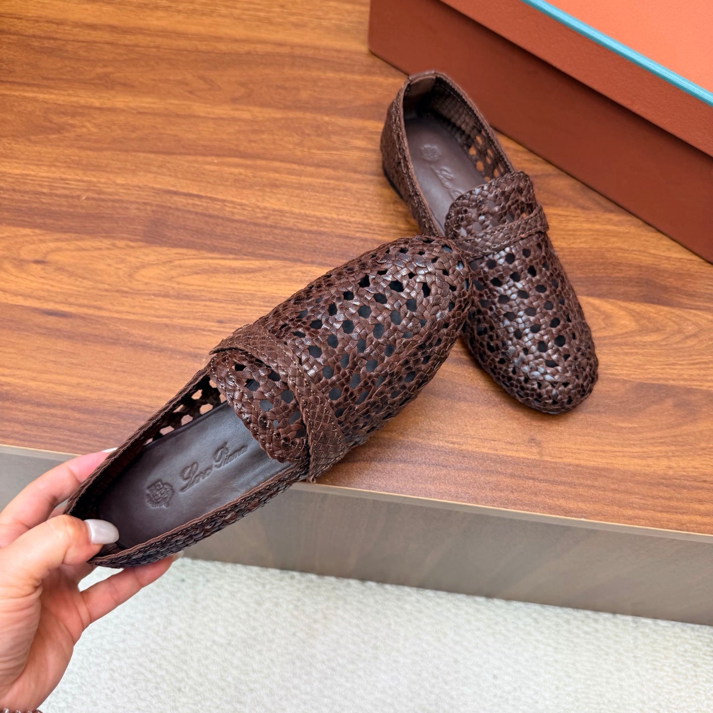 LP 26S PENNY LOAFERS IN DARK BROWN CALFSKIN WITH BASKETWEAVE DESIGN