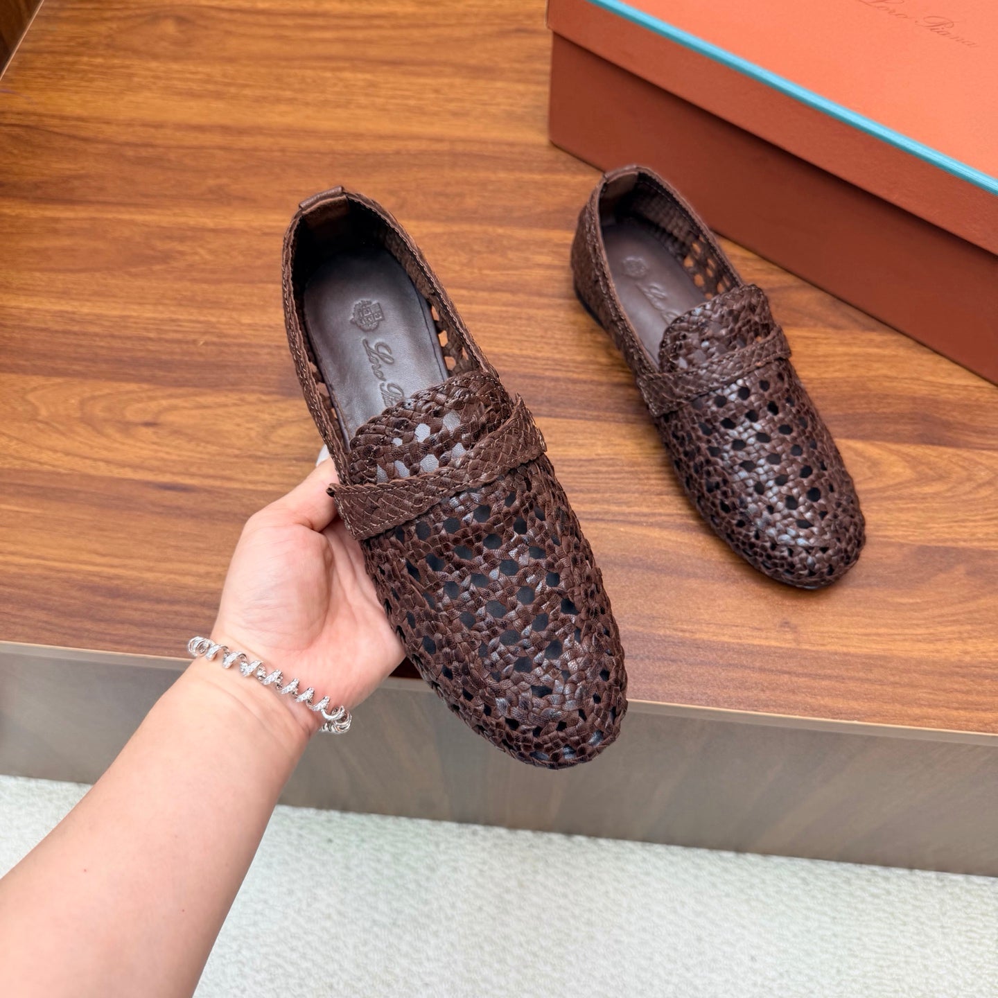 LP 26S PENNY LOAFERS IN DARK BROWN CALFSKIN WITH BASKETWEAVE DESIGN