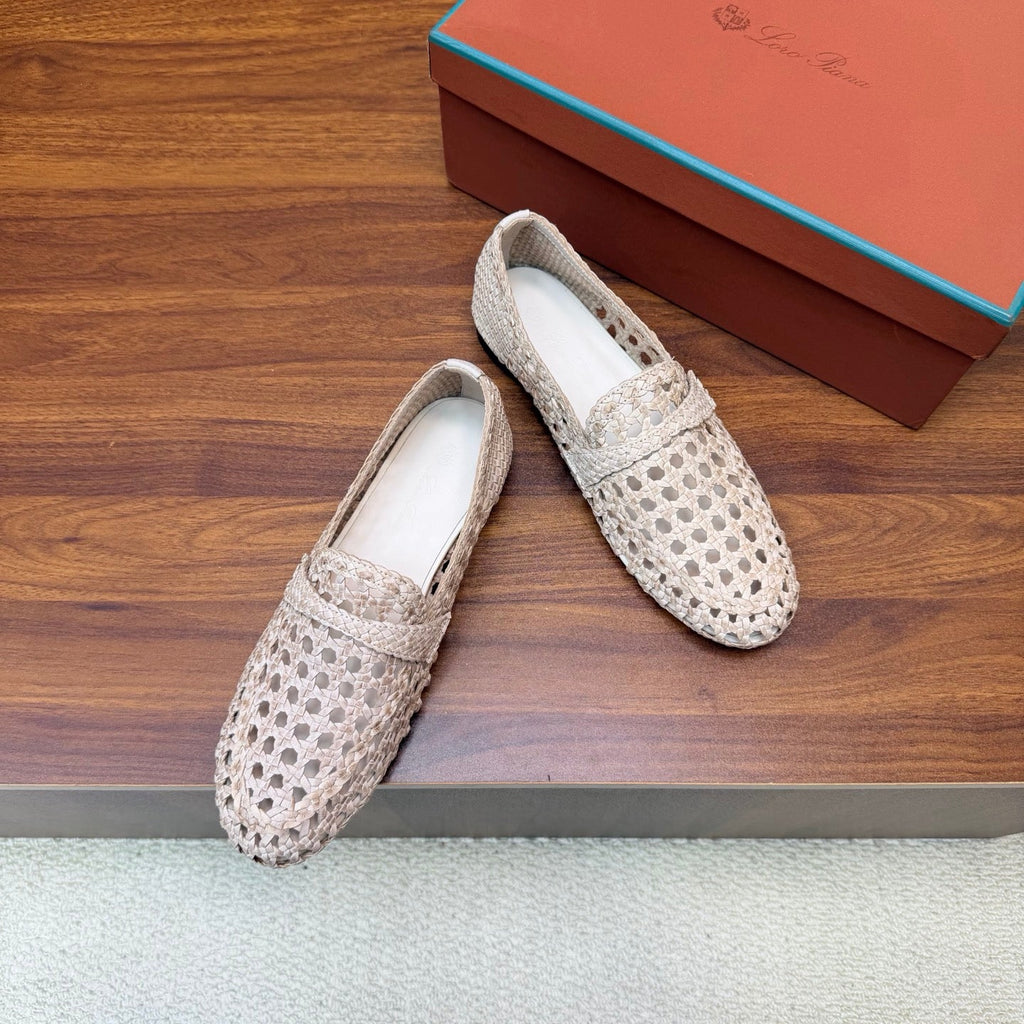 LP 26S PENNY LOAFERS IN CREAM WHITE CALFSKIN WITH BASKETWEAVE DESIGN