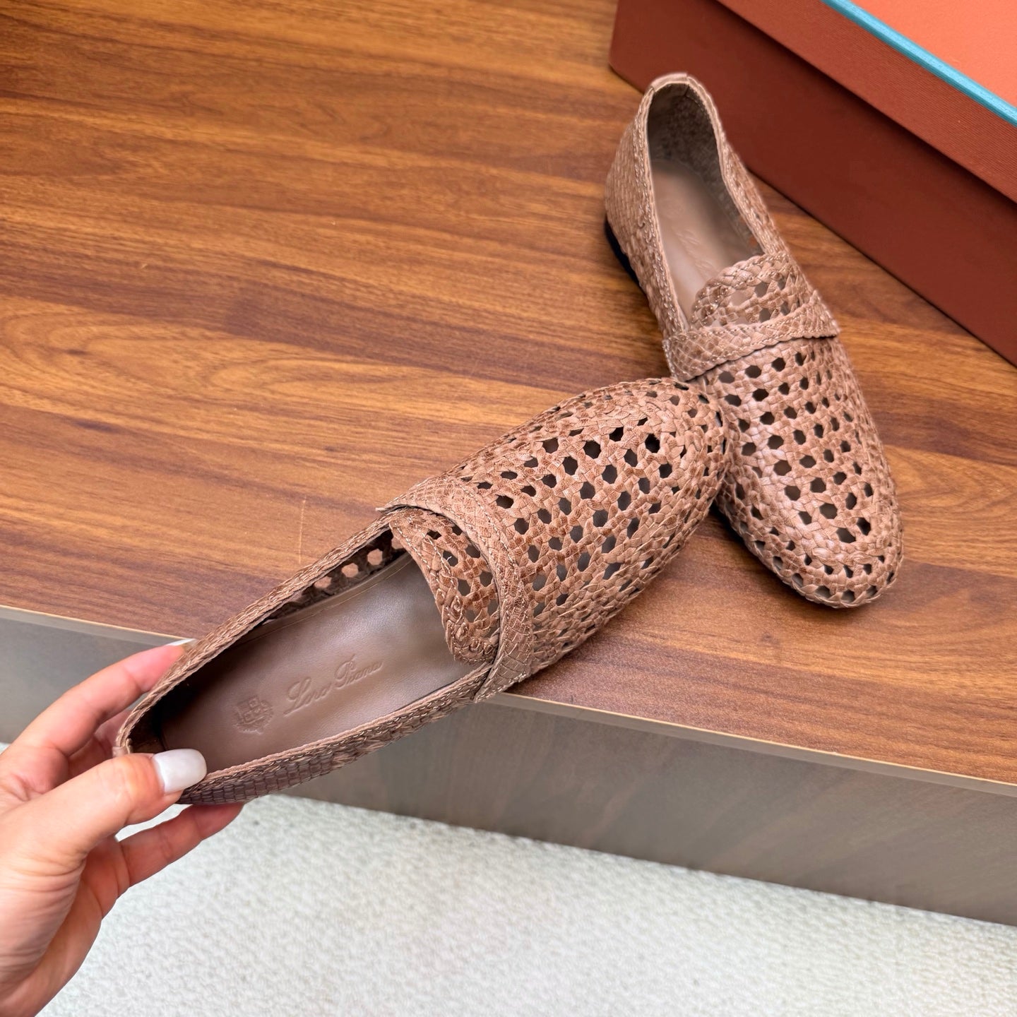 LP 26S PENNY LOAFERS IN BROWN CALFSKIN WITH BASKETWEAVE DESIGN