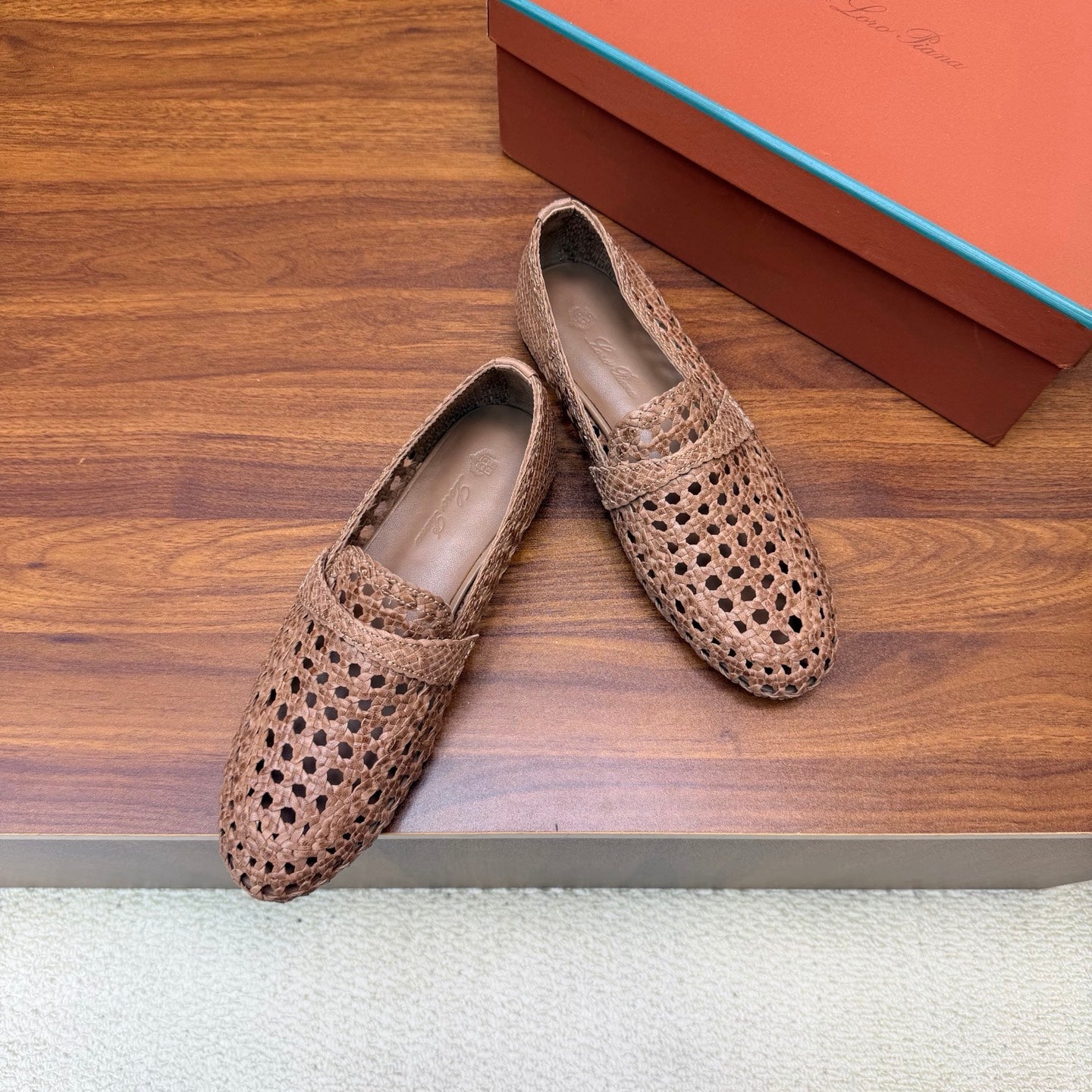 LP 26S PENNY LOAFERS IN BROWN CALFSKIN WITH BASKETWEAVE DESIGN