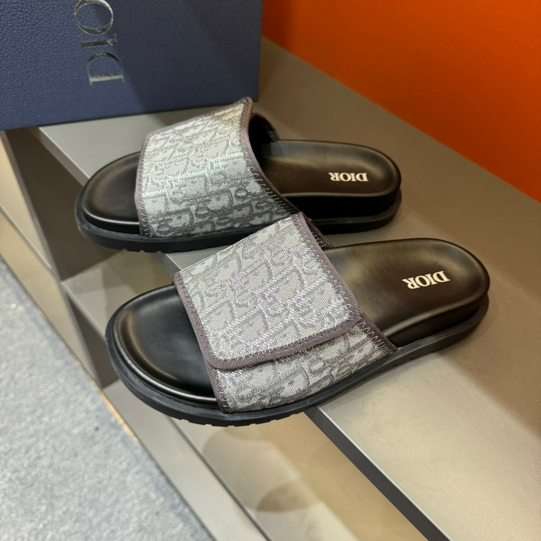 CD VELCRO STRAP SLIPPER GREY BLUE JACQUARD