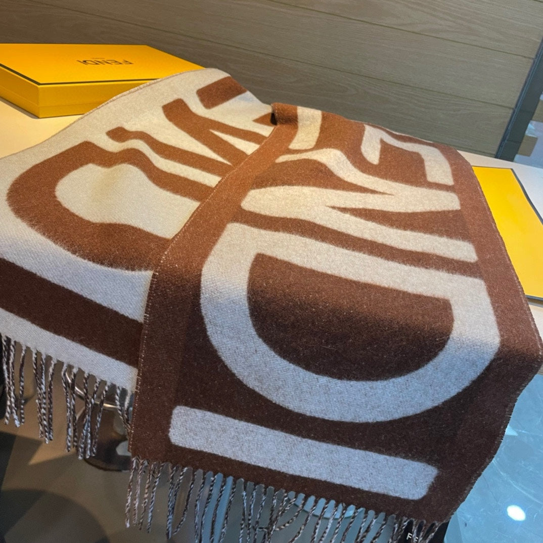 FF 185 CM SCARF IN CAMEL BROWN MIX GREY CASHMERE AND WOOL