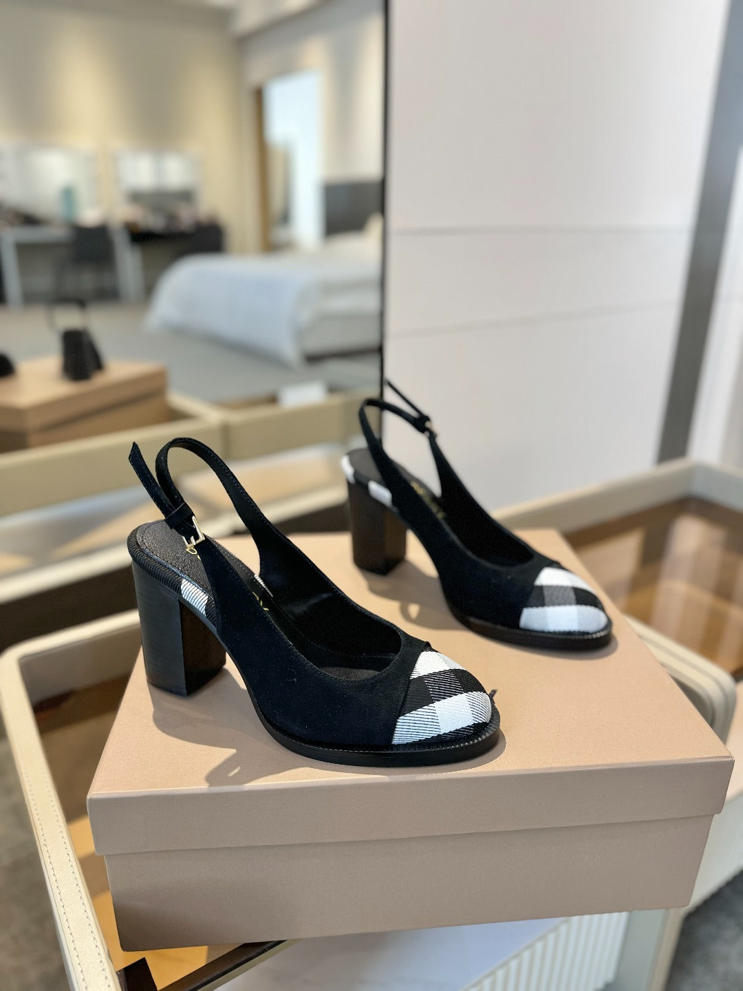 BURBERRY 26S VINTAGE CHECK TOE SLINGBACK BLOCK HEELS 95MM IN BLACK SUEDE