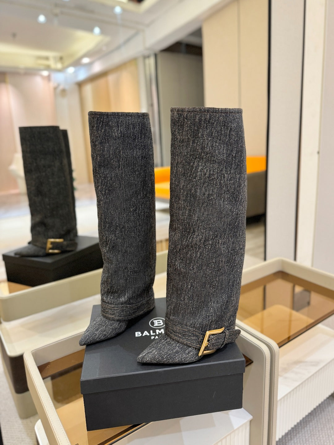 BALMAIN 26S KNEE-HIGH BOOTS 100 MM IN DARK GREY FABRIC