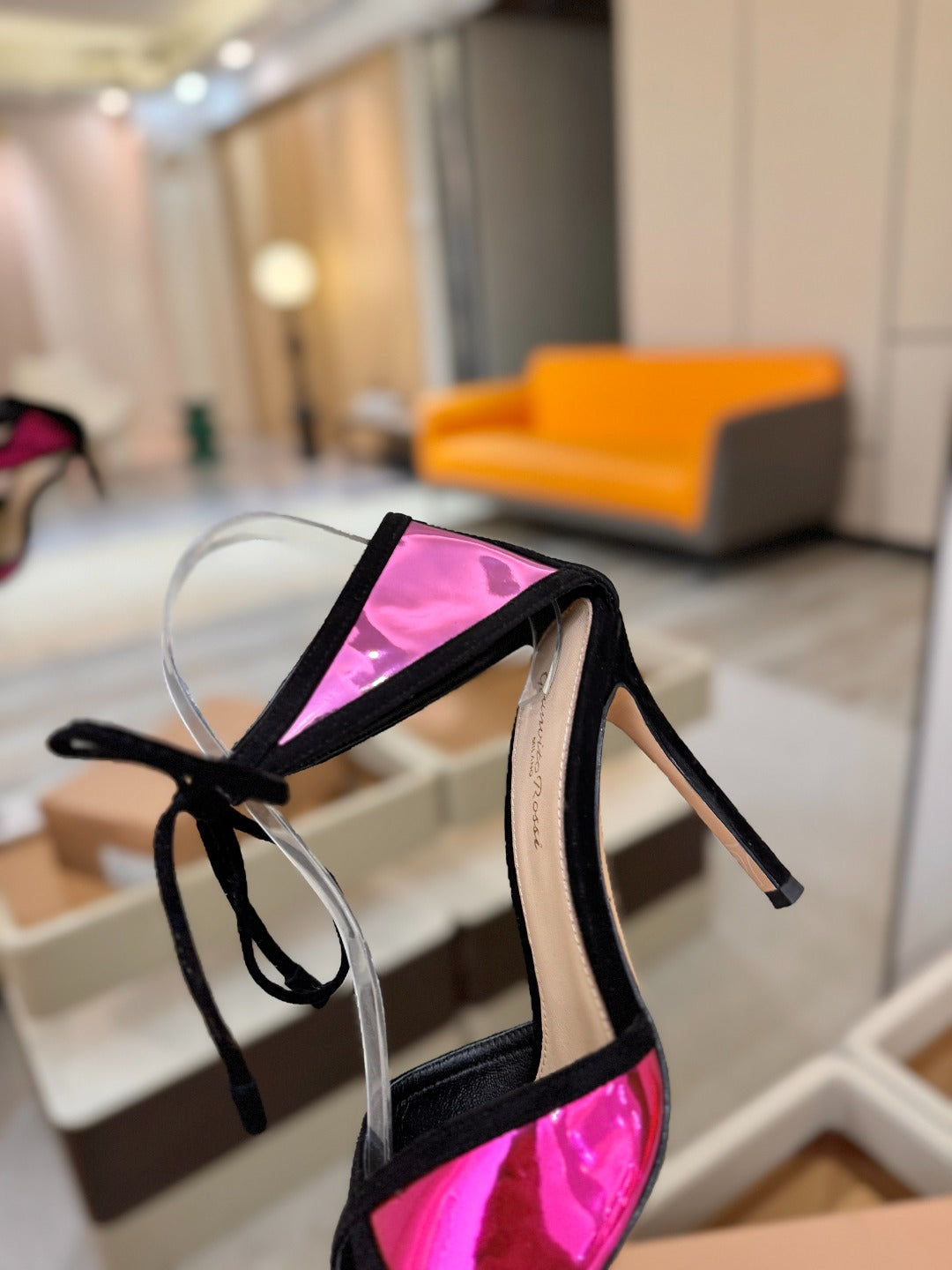 GIANVITO ROSSI 26S HEELS 105 MM IN BLACK SUEDE AND METALLIC PINK CALFSKIN