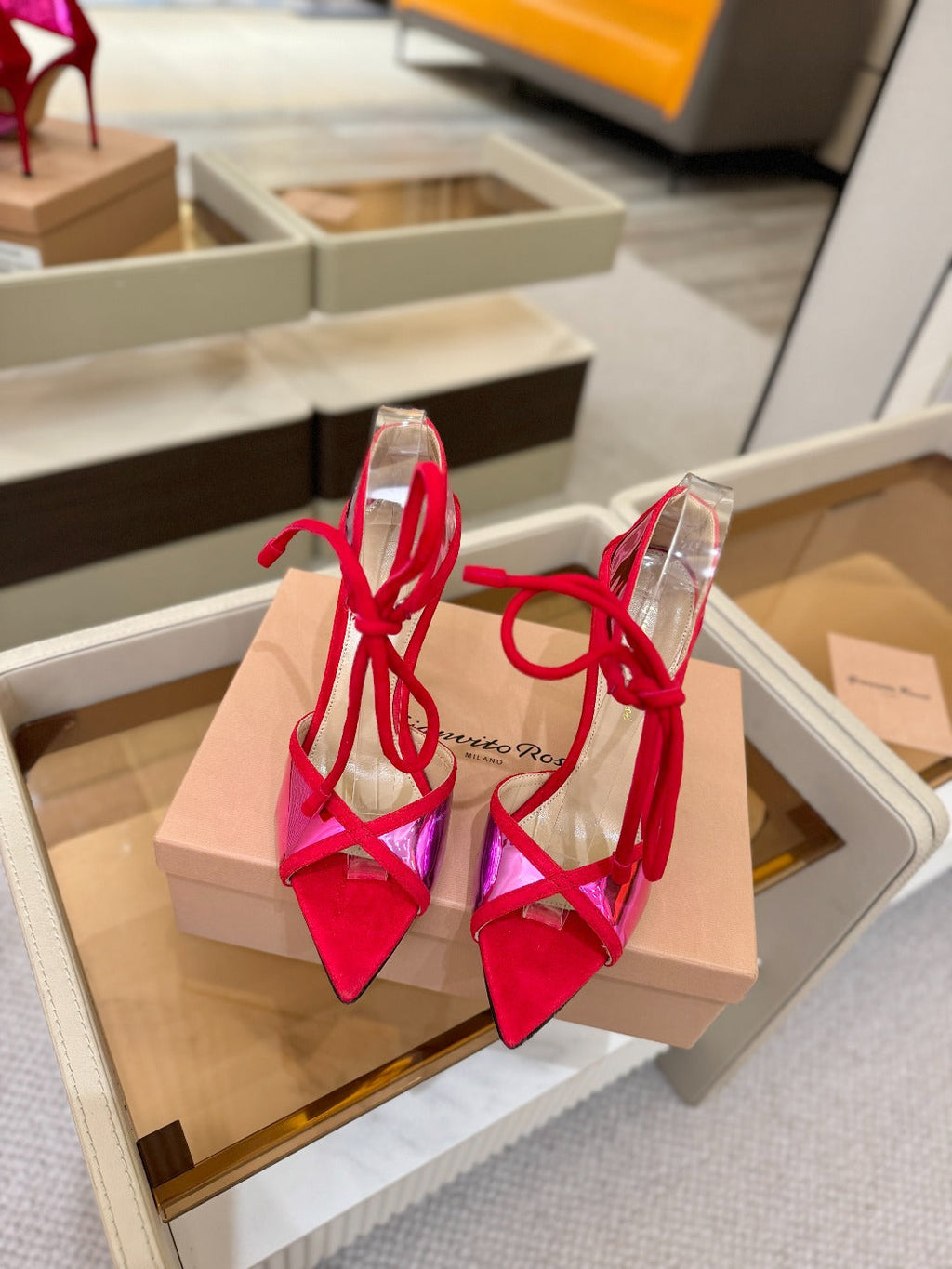 GIANVITO ROSSI 26S HEELS 105 MM IN RED SUEDE AND METALLIC PINK CALFSKIN