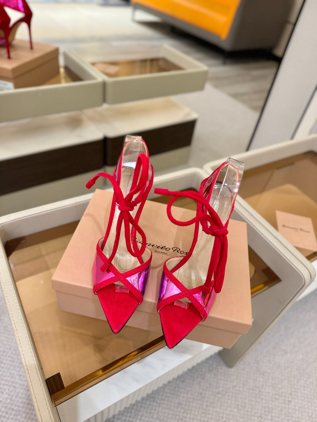 GIANVITO ROSSI 26S HEELS 105 MM IN RED SUEDE AND METALLIC PINK CALFSKIN