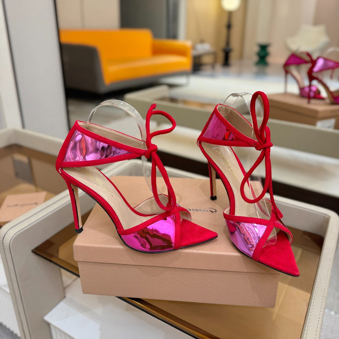 GIANVITO ROSSI 26S HEELS 105 MM IN RED SUEDE AND METALLIC PINK CALFSKIN