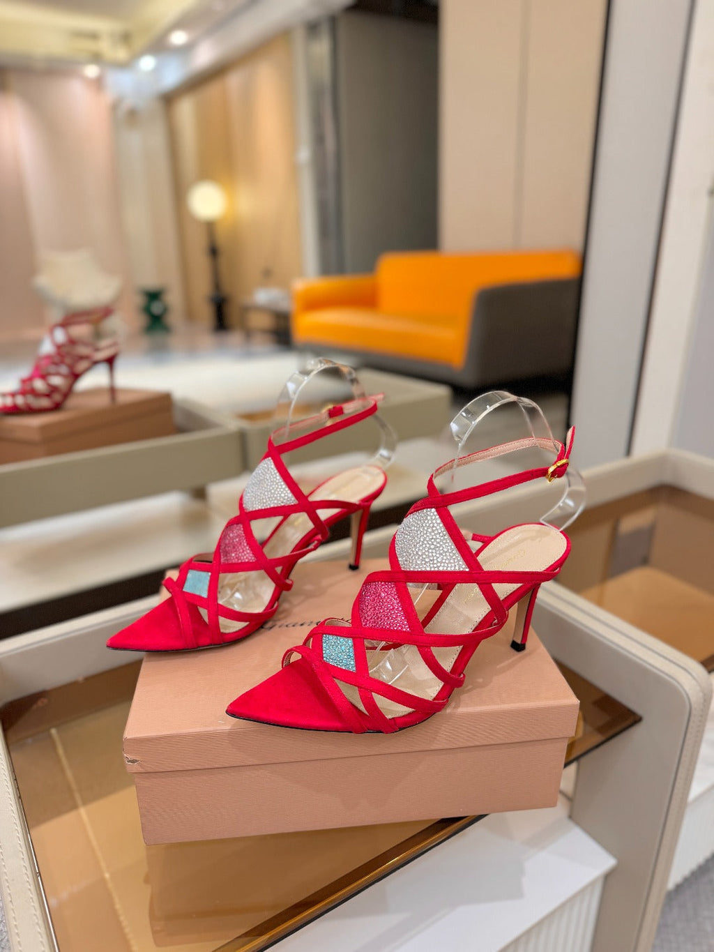 GIANVITO ROSSI 26S CROSS STRAP HEELS 85 MM IN RED SUEDE