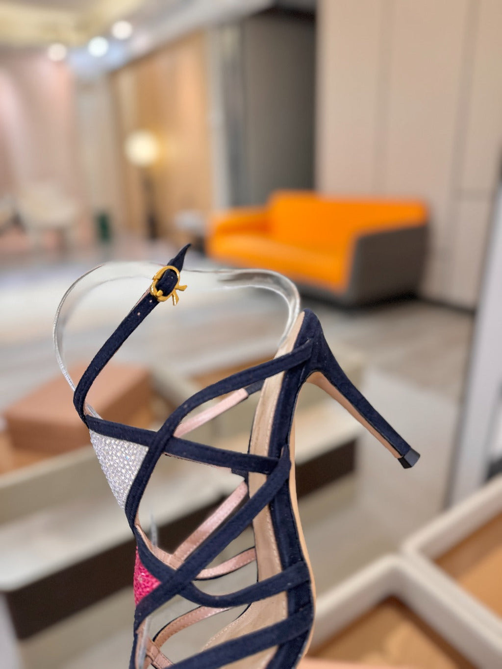 GIANVITO ROSSI 26S CROSS STRAP HEELS 85 MM IN NAVY BLUE SUEDE