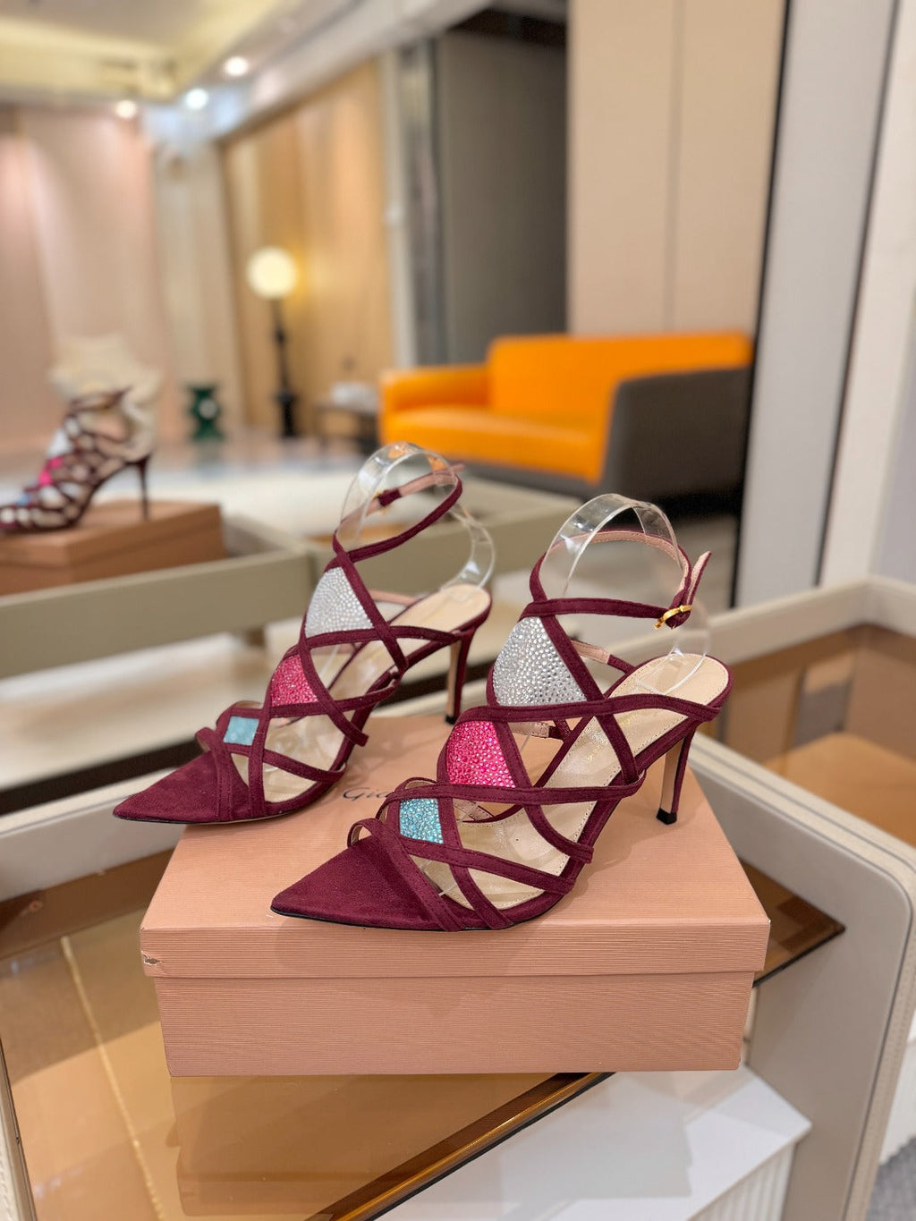 GIANVITO ROSSI 26S CROSS STRAP HEELS 85 MM IN DARK RED SUEDE