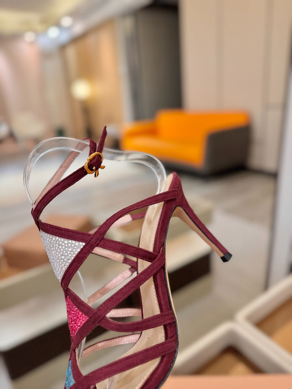 GIANVITO ROSSI 26S CROSS STRAP HEELS 85 MM IN DARK RED SUEDE