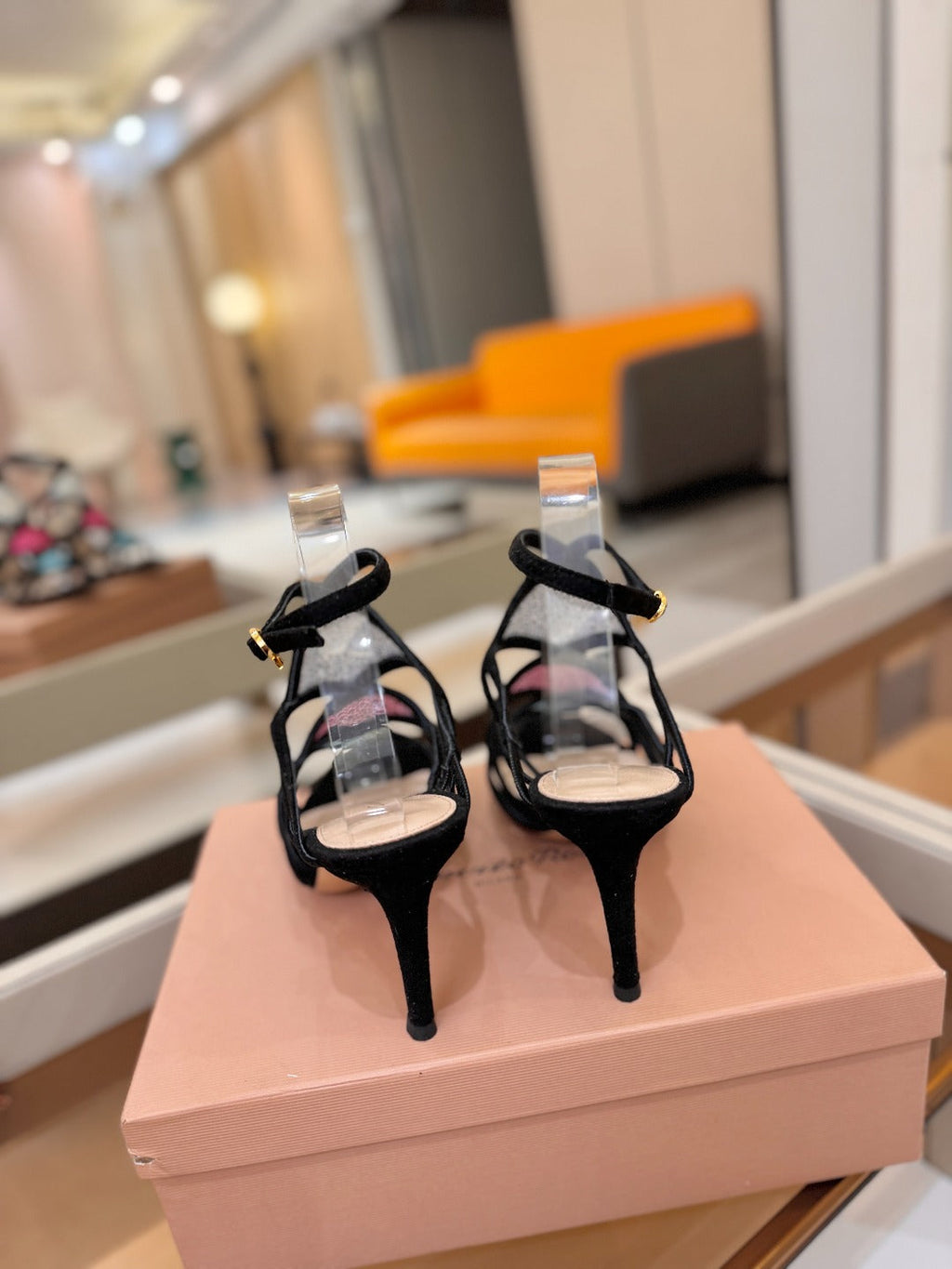 GIANVITO ROSSI 26S CROSS STRAP HEELS 85 MM IN BLACK SUEDE