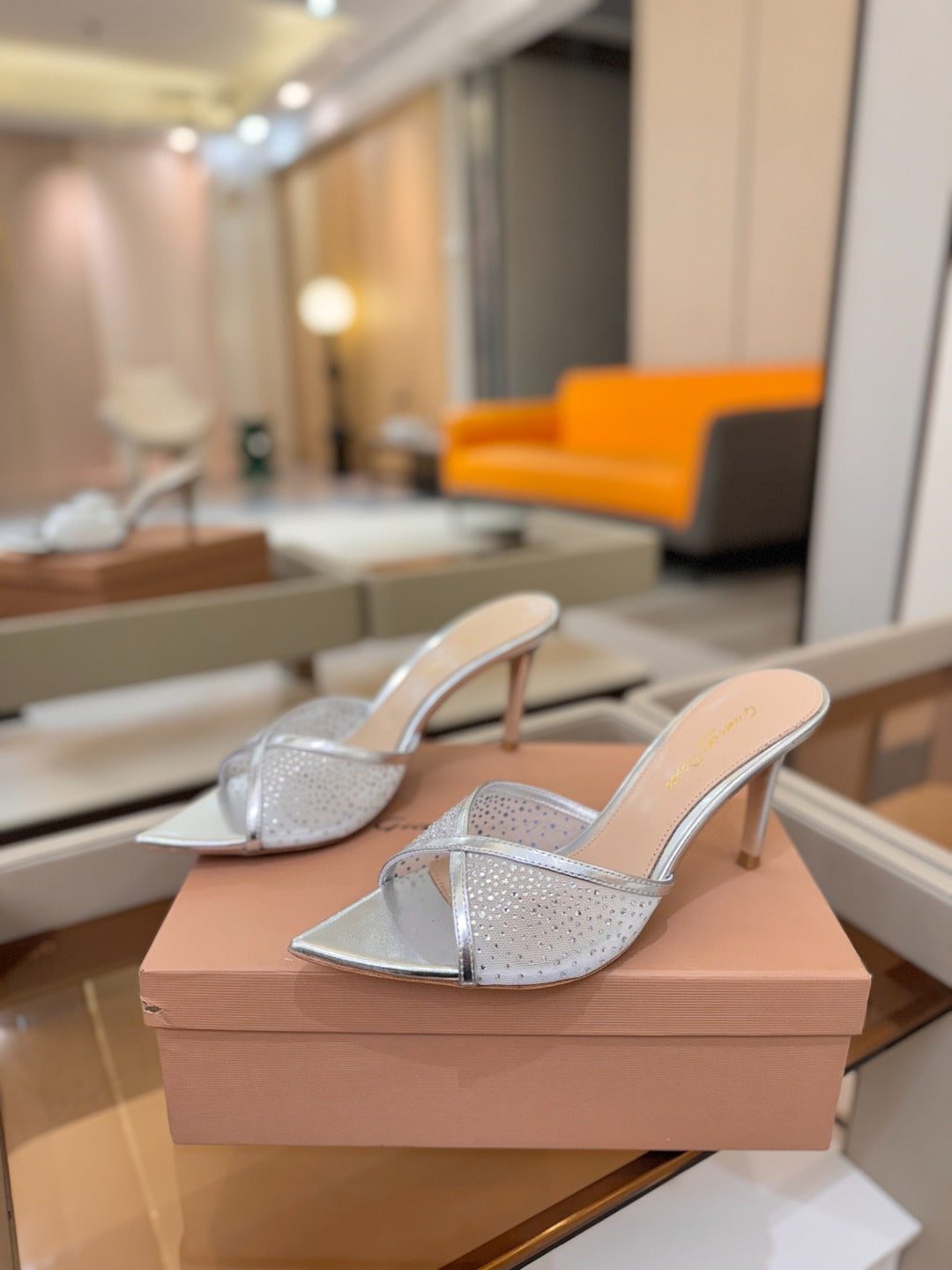 GIANVITO ROSSI 26S POINTED TOE HIGH HEELS 85 MM IN SILVER LAMBSKIN WITH RHINESTONE STRAP