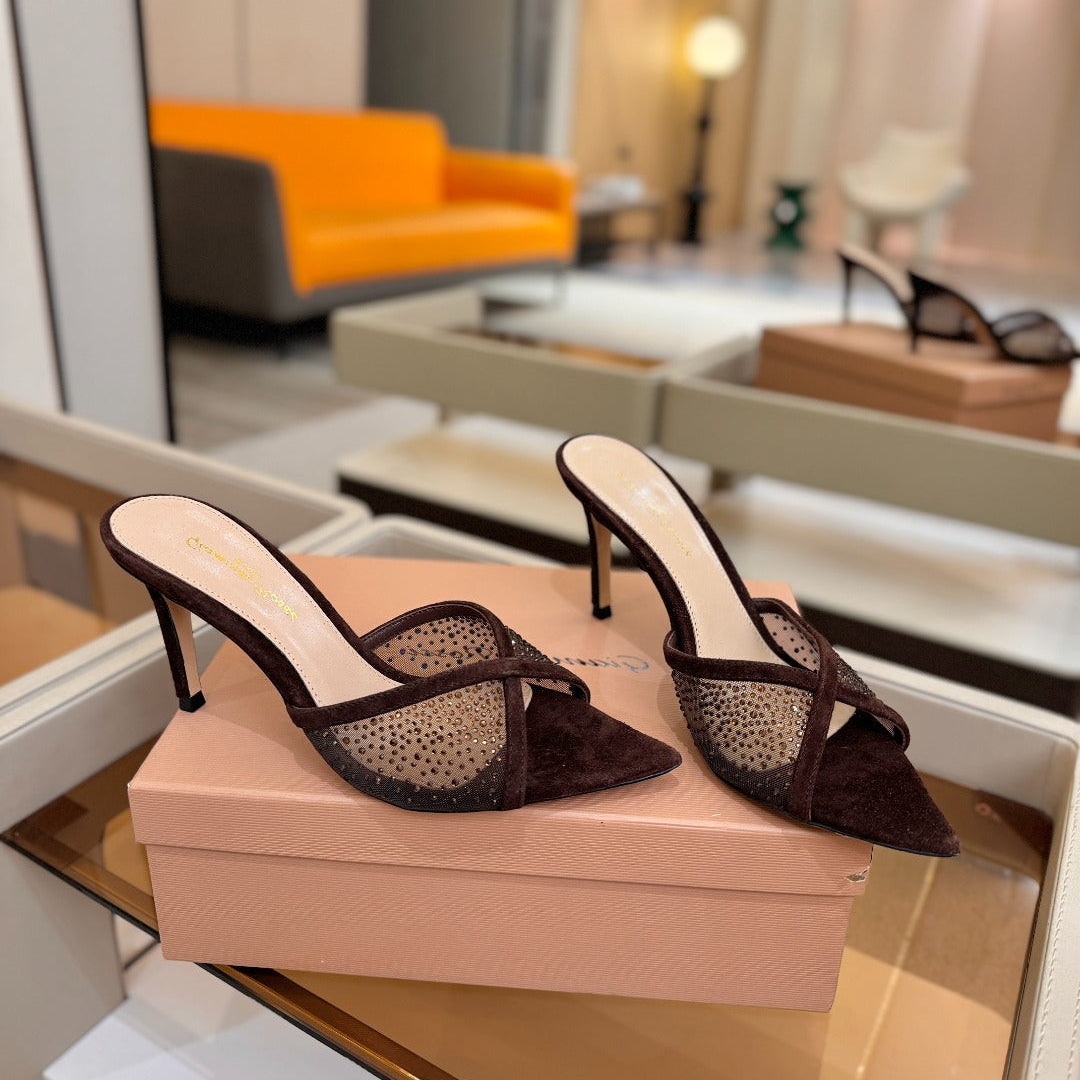 GIANVITO ROSSI 26S POINTED TOE HIGH HEELS 85 MM IN DARK BROWN SUEDE WITH RHINESTONE STRAP