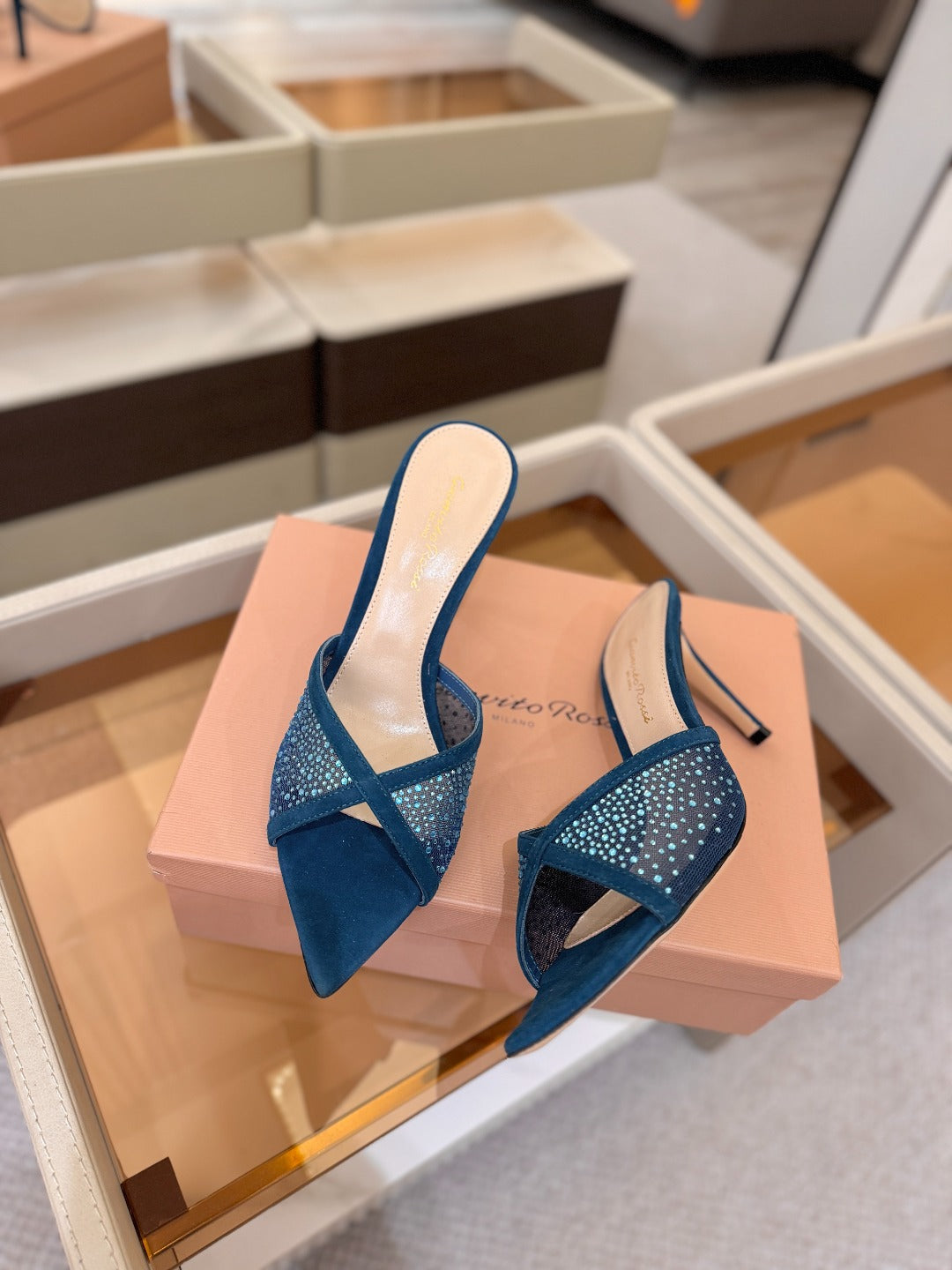 GIANVITO ROSSI 26S POINTED TOE HIGH HEELS 85 MM IN DEEP OCEAN BLUE SUEDE WITH RHINESTONE STRAP