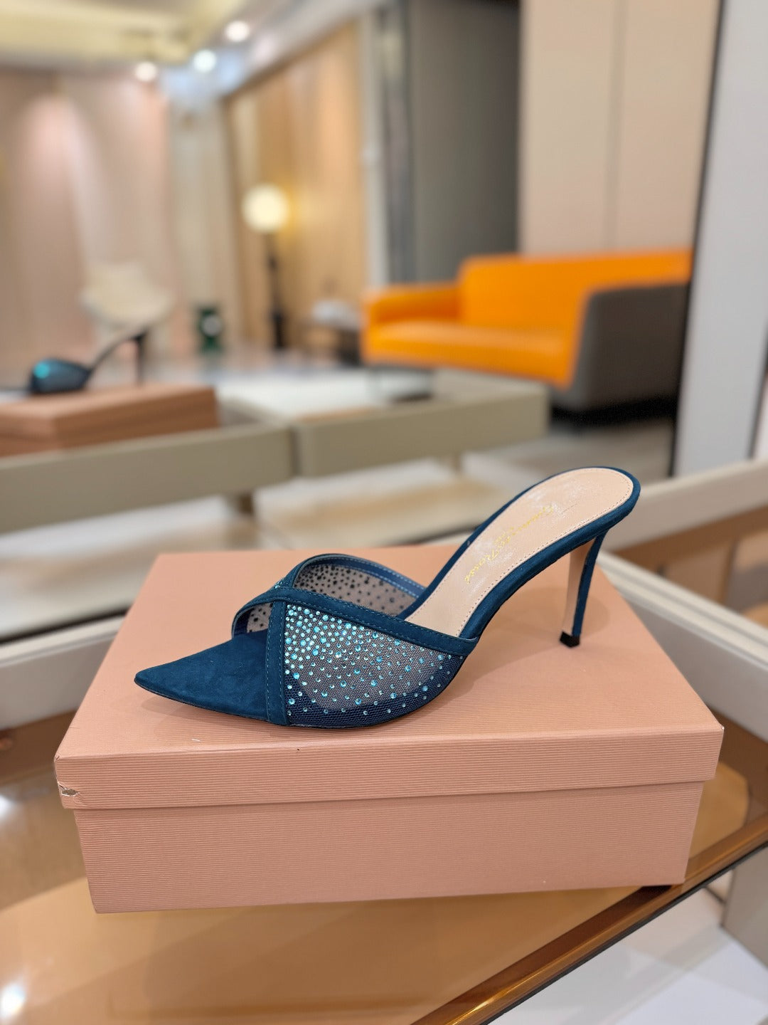 GIANVITO ROSSI 26S POINTED TOE HIGH HEELS 85 MM IN DEEP OCEAN BLUE SUEDE WITH RHINESTONE STRAP