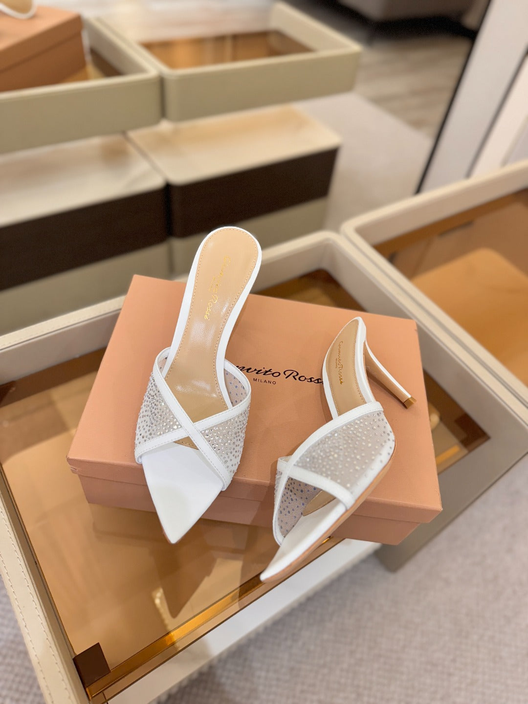 GIANVITO ROSSI 26S POINTED TOE HIGH HEELS 85 MM IN WHITE LAMBSKIN WITH RHINESTONE STRAP