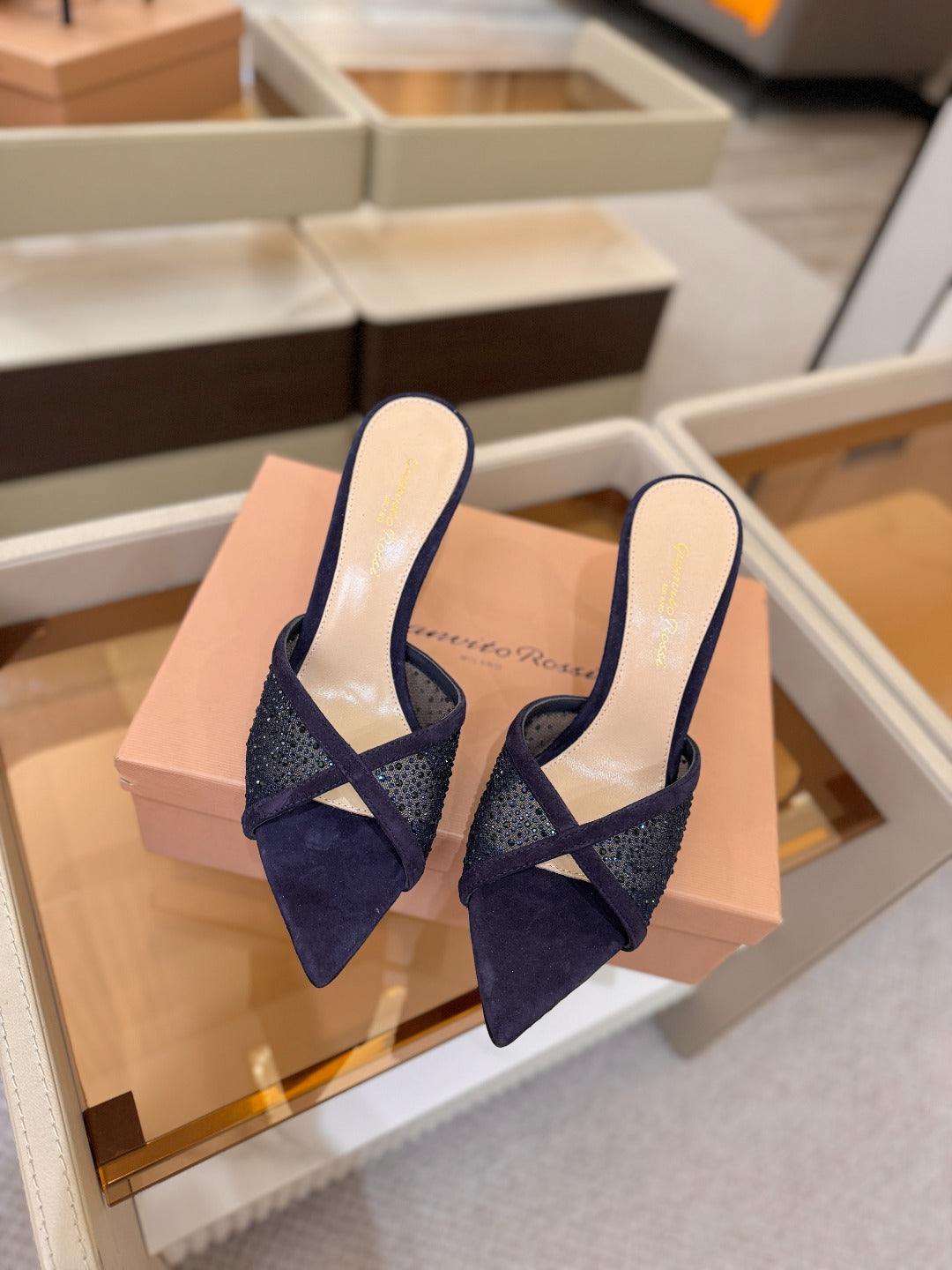 GIANVITO ROSSI 26S POINTED TOE HIGH HEELS 85 MM IN DEEP PURPLE BLUE SUEDE WITH RHINESTONE STRAP